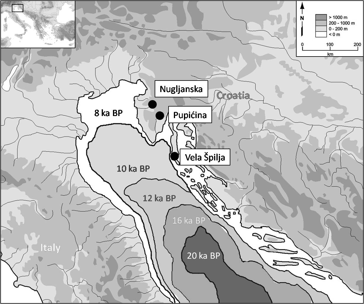 map of the three case study sites nugljanska pupicina and vela spila losinj and their relationship to the changing coastline after the last ice age map of the three case study sites nugljanska pupicina and vela spila losinj and their relationship to the changing coastline after the last ice age