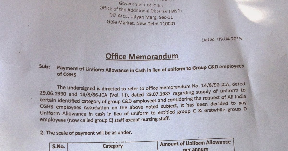 Payment of Uniform Allowance in lieu of uniform to Group C&D employees