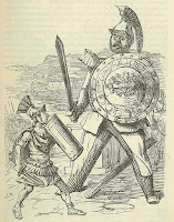 Caricatura de John Leech del s. XIX que representa el combate entre Titio Manlio Torcuato y un Galo enorme de estatura