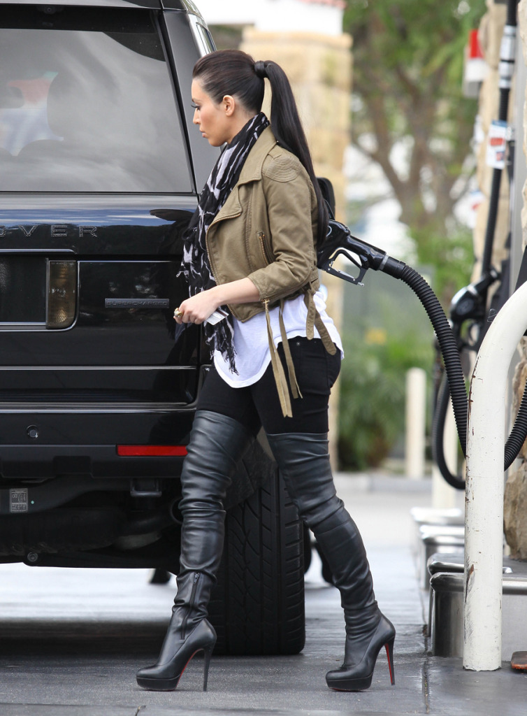Kim Kardashian pumps her own gas kim kardashian thigh boots hulk kogan onsie