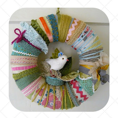 fabric, yarn and ribbon wreaths The Constant Gatherer Katie Runnels handmade