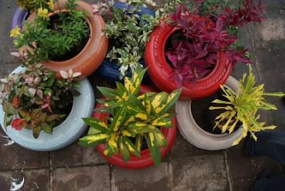 Jardim reciclado com pneu