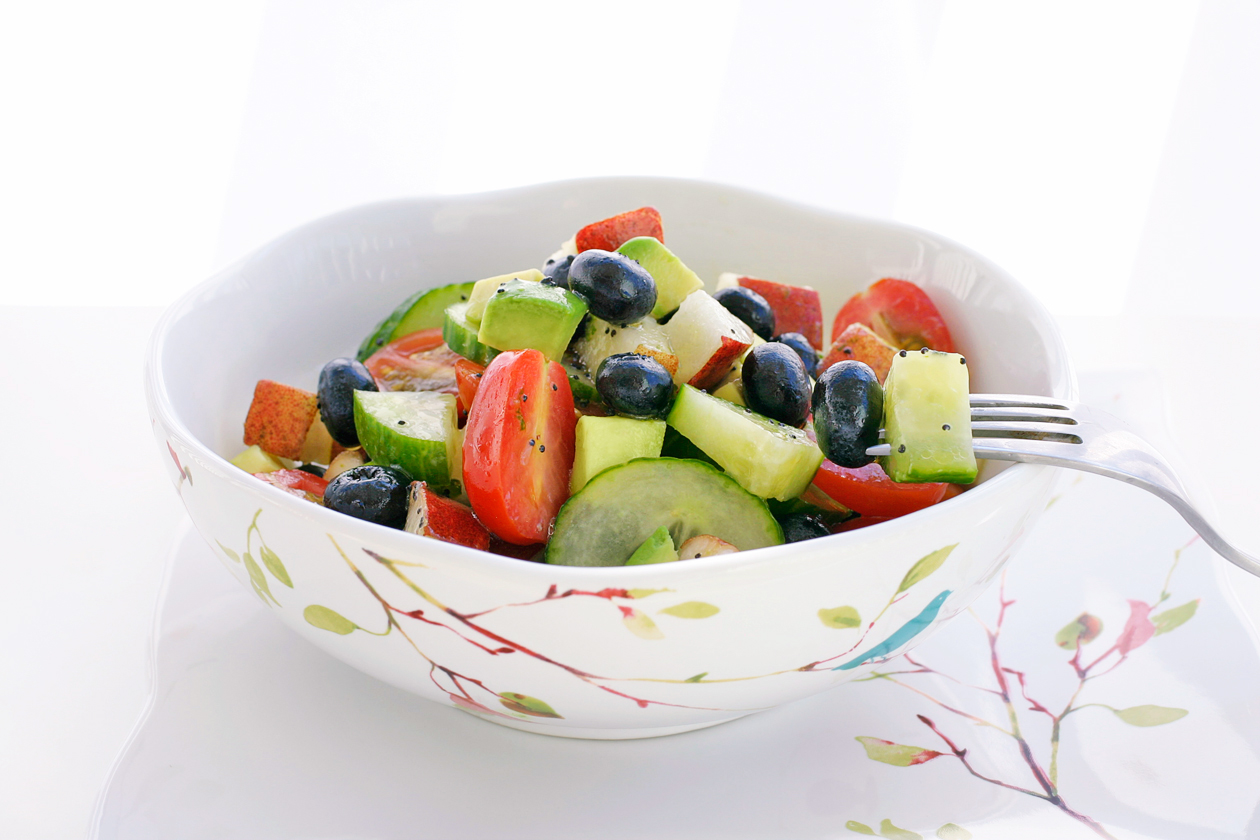 Laura Friendly Pear, Blueberry, Cucumber, Tomato Fruit Salad