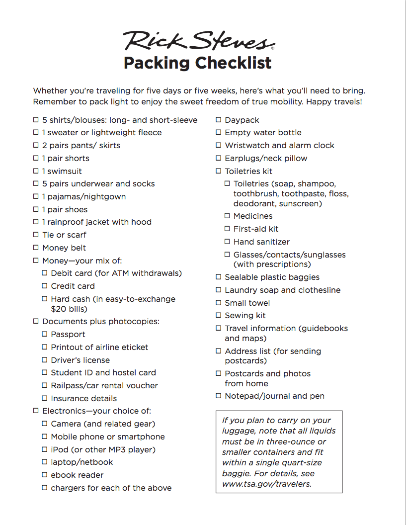 Viaggio Musicale 2013 Rick Steves' Packing Checklist