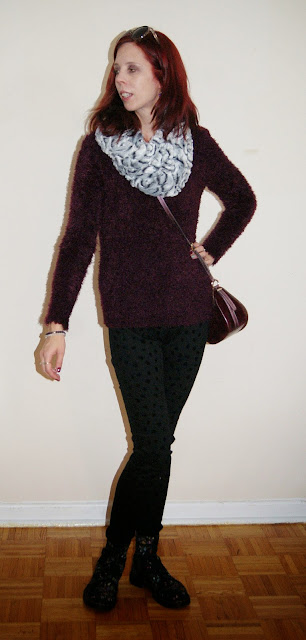 My Style!: Purple Sweater and Polka Dot Trousers from H&M, Infinty Faux Fur Scarf, Floral Dr. Martens Boots, Hudson's Bay, Guess Purse, Joseph Nogucci Elephant Memory Stone Bracelets, fashion, style, styletips, winter, winterstyle, shopping, warm, cozy, soft, outfit, OOTD, toronto, ontario, canada, the purple scarf, melanieps, accessories