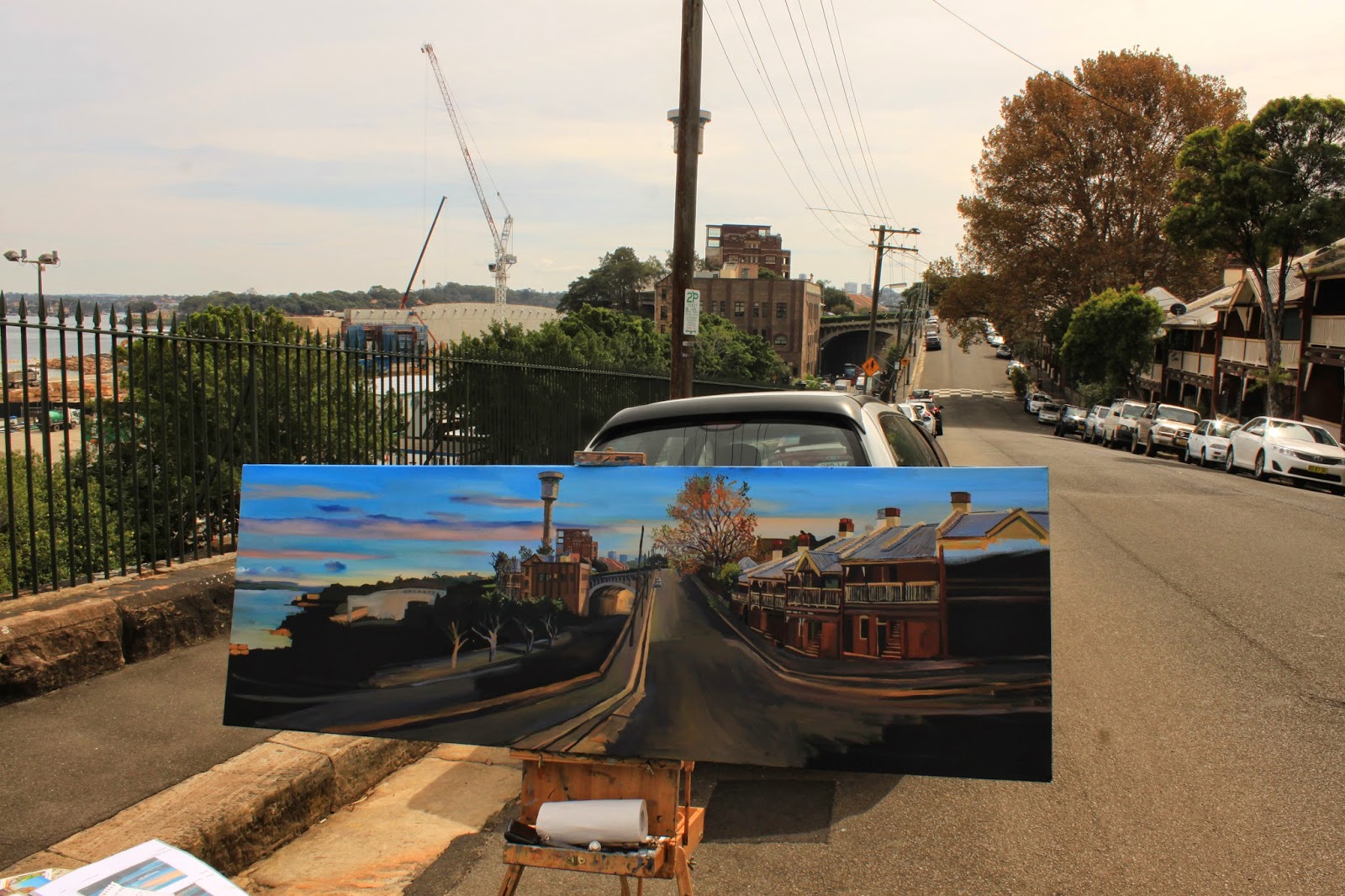 plein air oil painting of heritage terraces in Millers Point by Jane Bennett, industrial heritage artist plein air oil painting of heritage terraces in Millers Point by Jane Bennett, industrial heritage artist