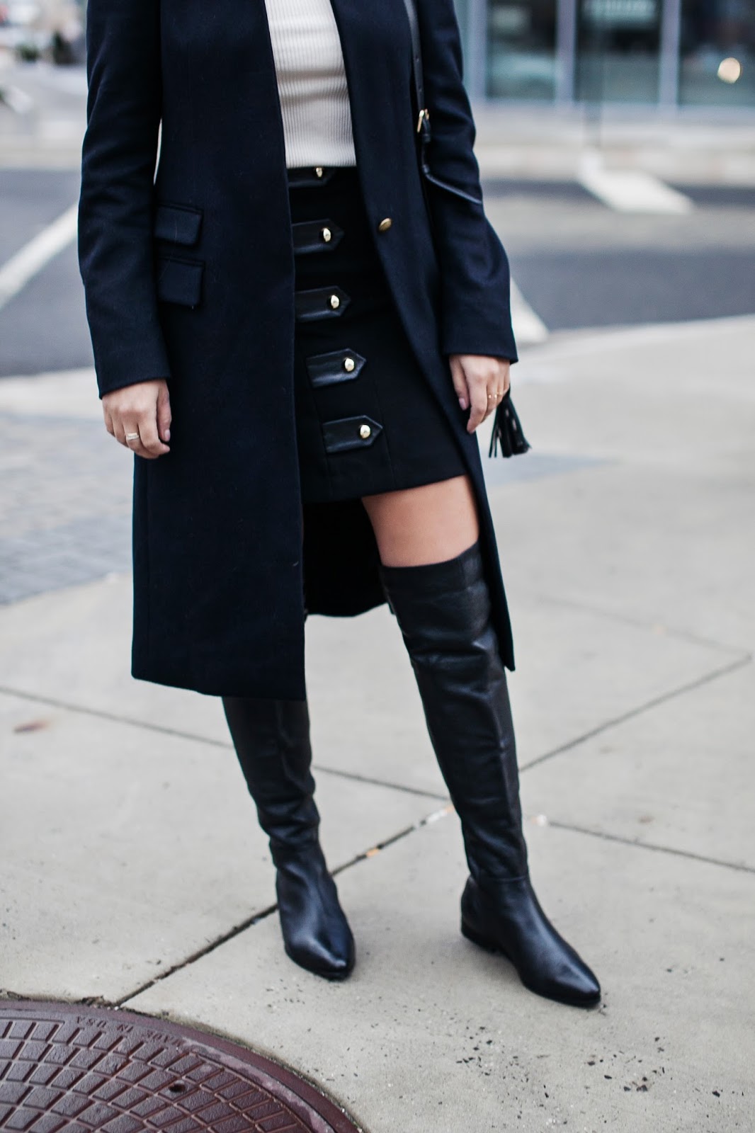 military style coat, all saints coat, sale coat, navy coat, over the knee black boots, free people boots, sandro mini skirt, military style mini skirt, outfit, style blogger, dc style blogger, dc fashion blogger, outfit styling tips