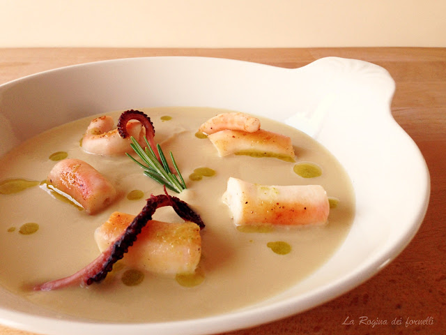 crema di ceci, polpo scotatto e salsa al rosmarino spiedo di polpo, crema di ceci e salsa al rosmarino ( Pino Cuttaia )