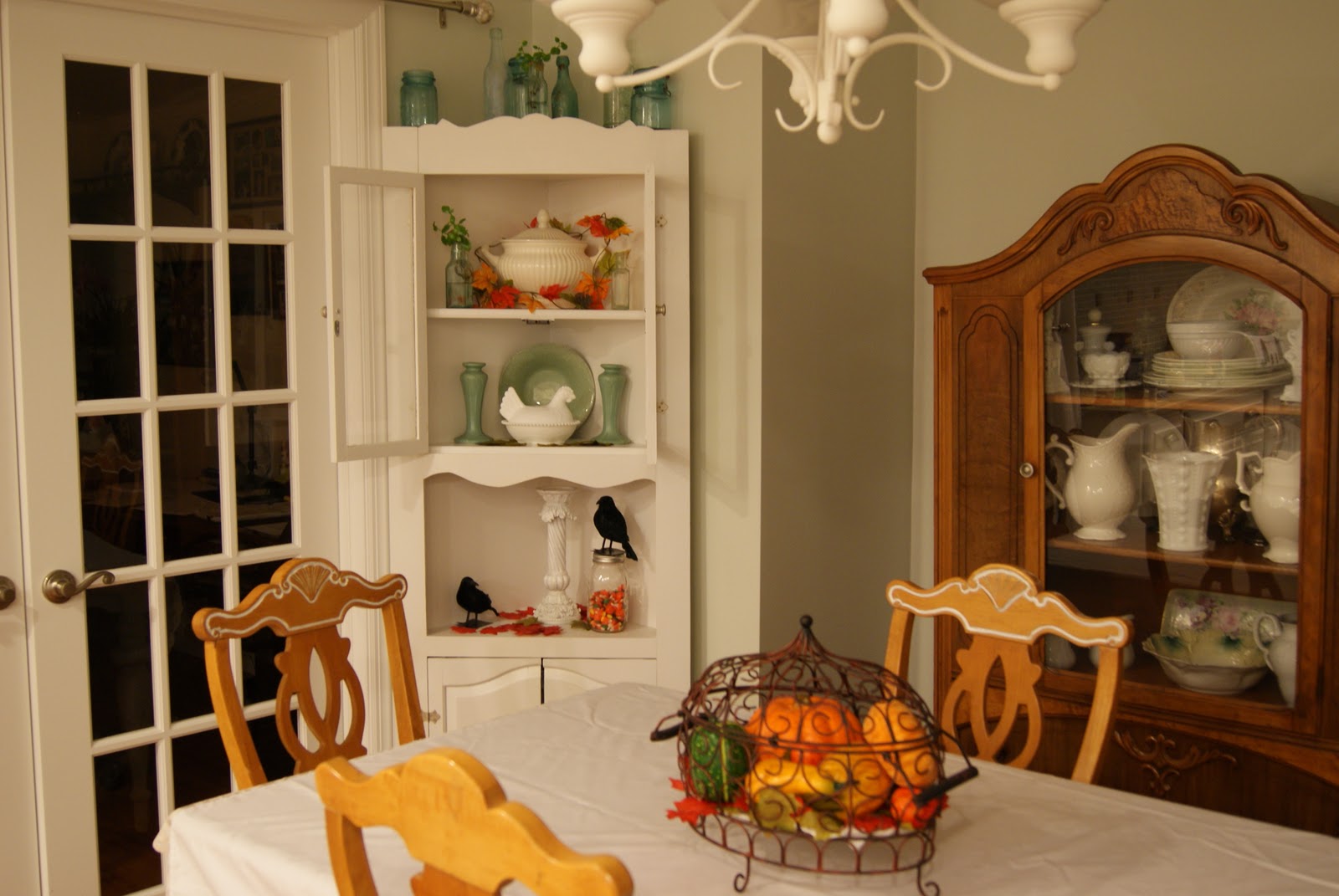 Cottage Beach House Fall Decor on White Hutch and Corner
