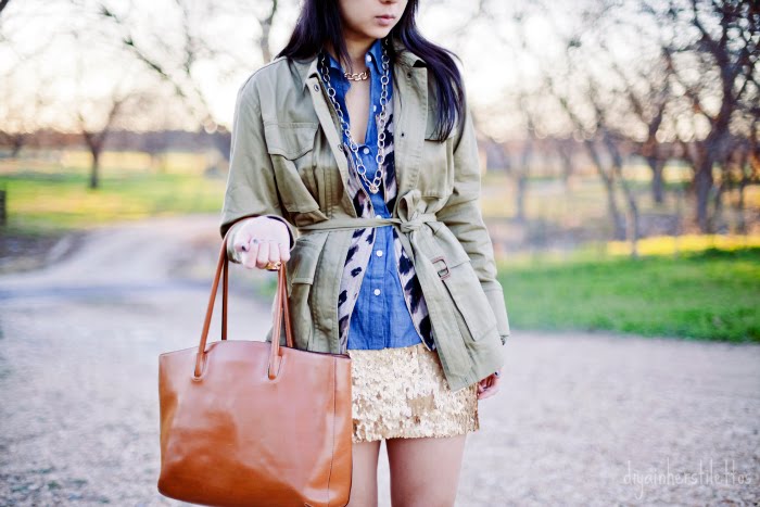 j crew safari commodore jacket, vintage gold chain jewelry, forever 21 chambray shirt, charlotte russe gold sequin skirt, zara gold block heels, austin streetstyle, austin fashion, austin fashion blog, texas fashion