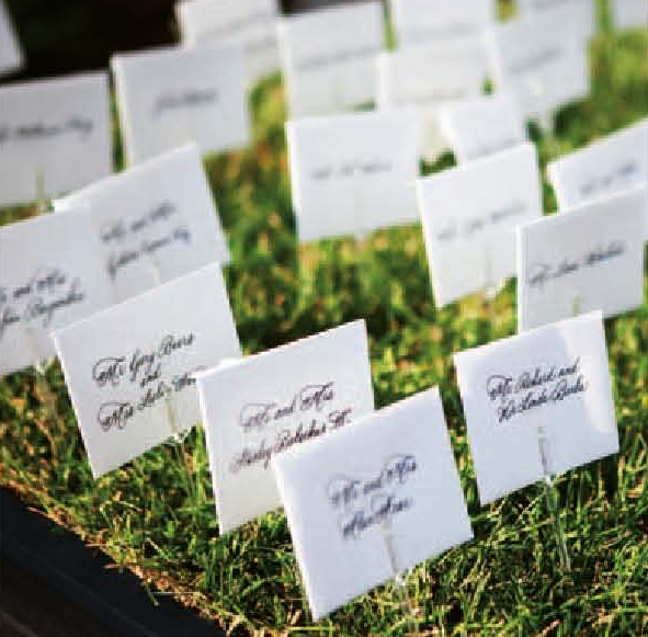 Unique Wedding Place Card Ideas CTDesigns Calligraphed escort cards staked
