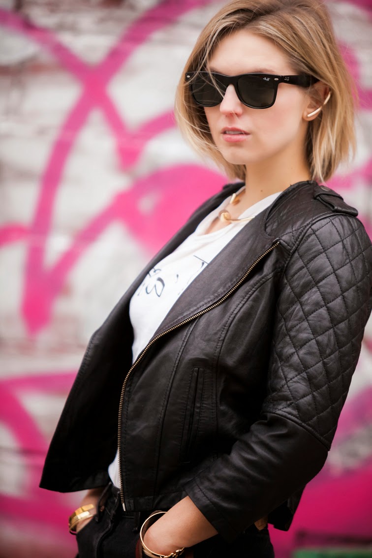 Gold bar ear cuff earring by Rings & Tings, Zara gold metal choker, ASOS leather jacket, Ray-Ban wayfarers, Ian Rusiana Gold bar ear cuff earring by Rings & Tings, Zara gold metal choker, ASOS leather jacket, Ray-Ban wayfarers, Ian Rusiana
