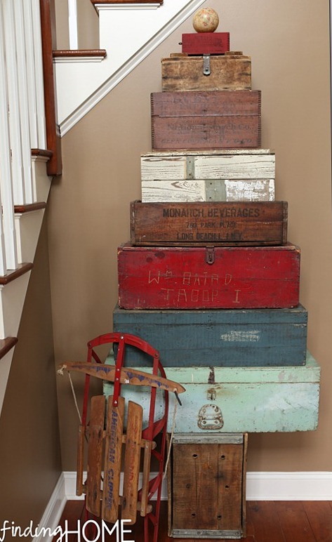 Toolbox and crate stacked Christmas tree - by Finding Home featured on I Love That Junk