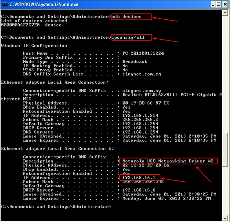 Network adapter named 'Motorola USB Networking Driver' with IP address 192.168.16.1