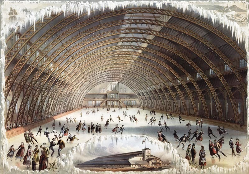 This lithograph shows the enormous building in the inset and the soaring cast iron arches of the Empire Skating Rink.