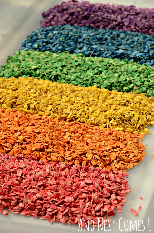 Rainbow oats - how to dye oats for sensory play from And Next Comes L