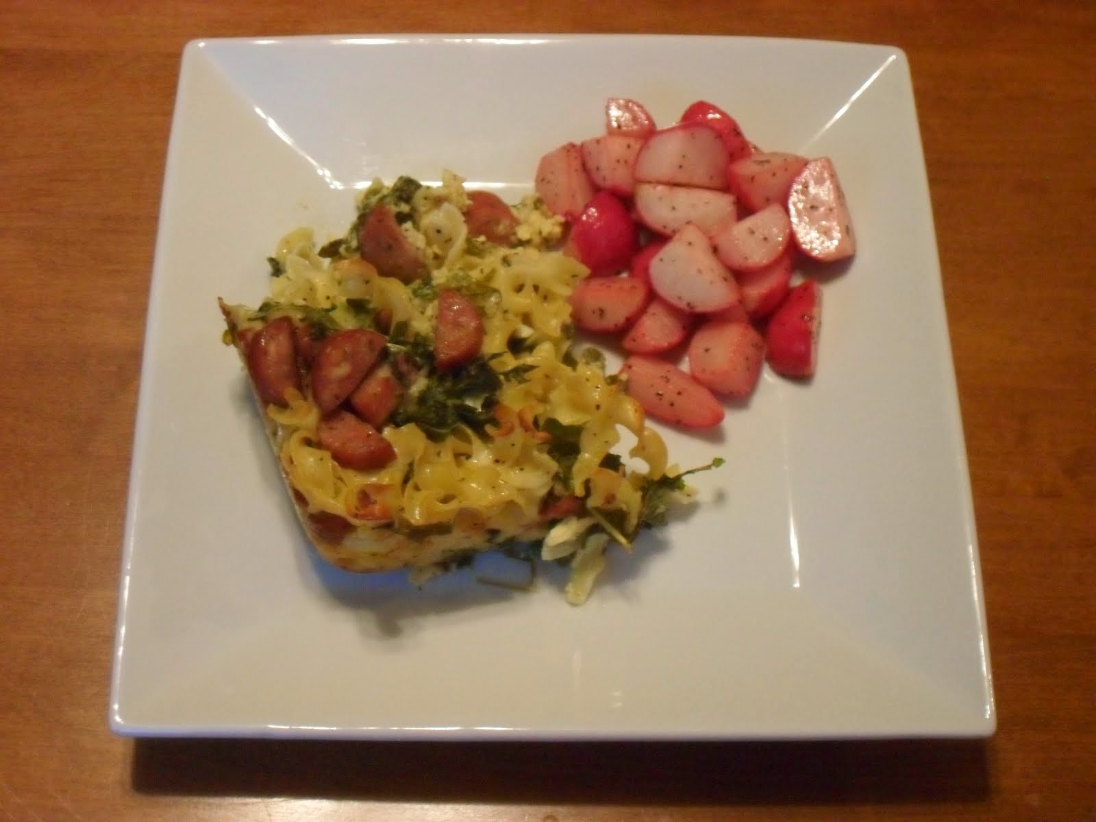 Sausage-Noodle Bake with Sauteed Radishes