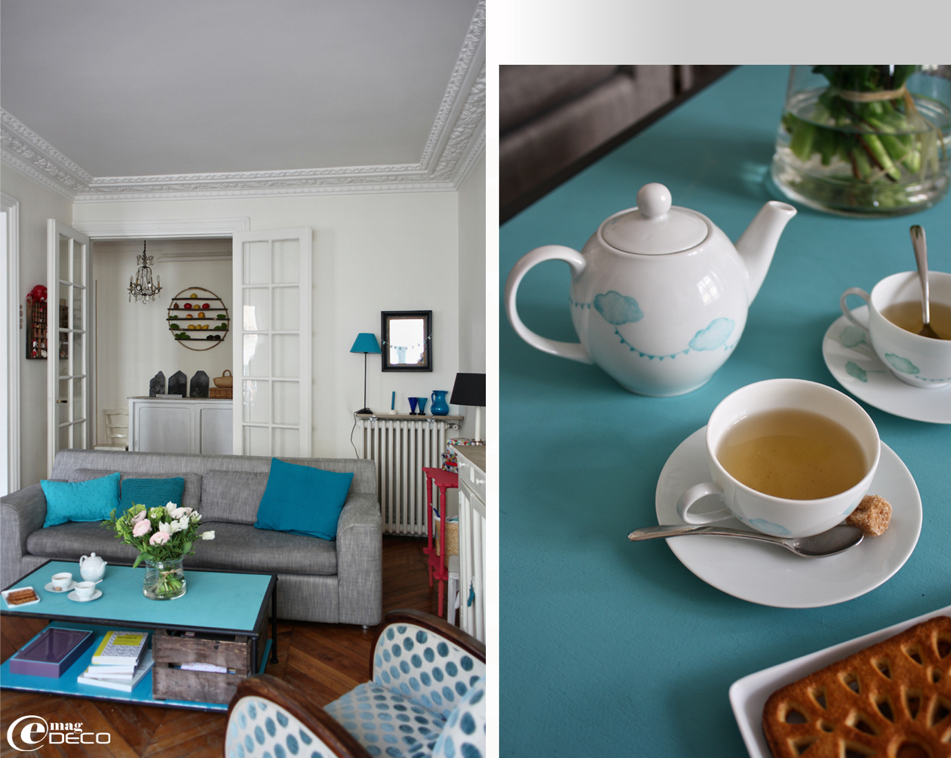 Tons gris et turquoise pour la décoration du salon d'Anne Loiseau, créatrice styliste à Paris