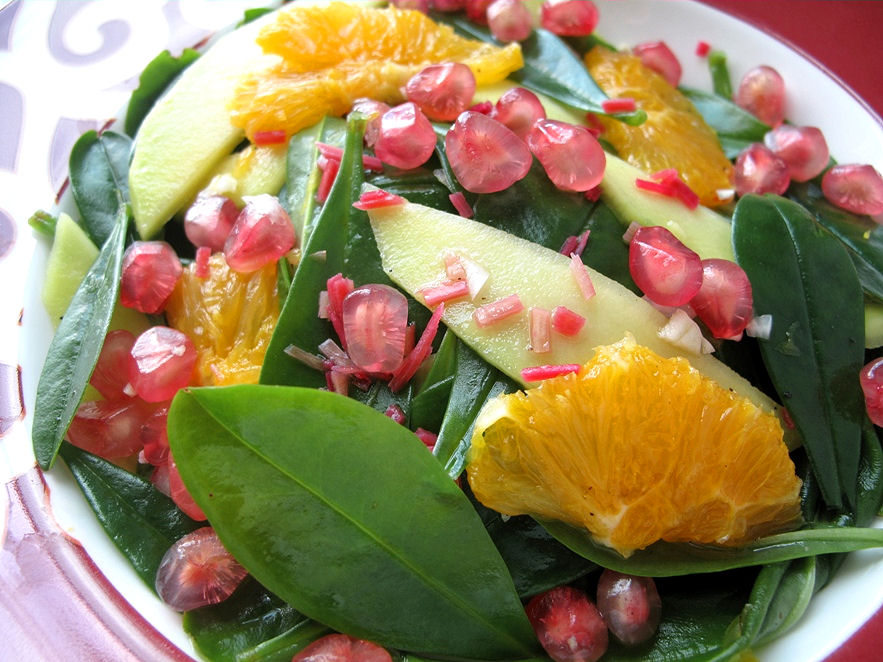 Foodiva's Kitchen Ginseng Leaf Salad with Pomegranate, Orange and