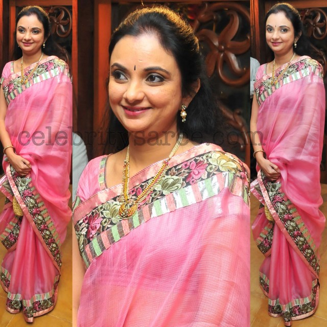 Tusser Silk Pink Embroidery Sari