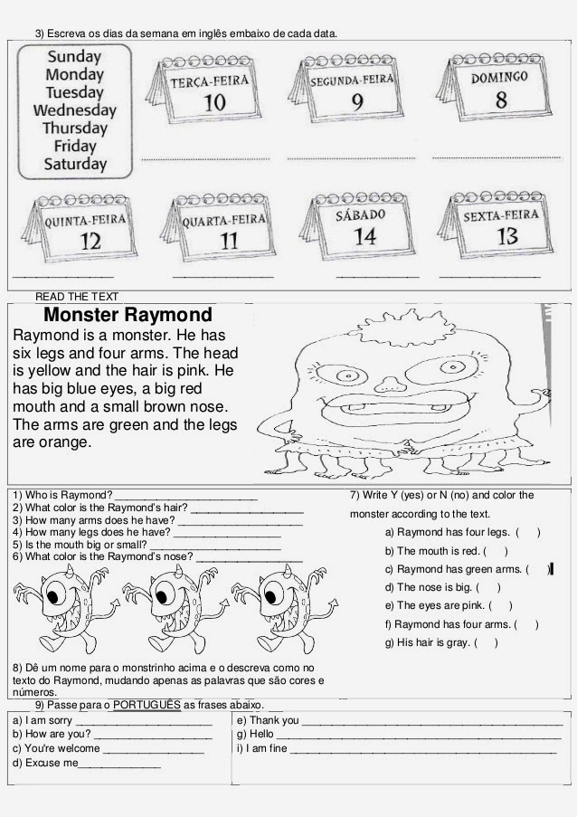 Avaliação de inglês 3°, 4° e 5° ano do ensino fundamental help Teacher