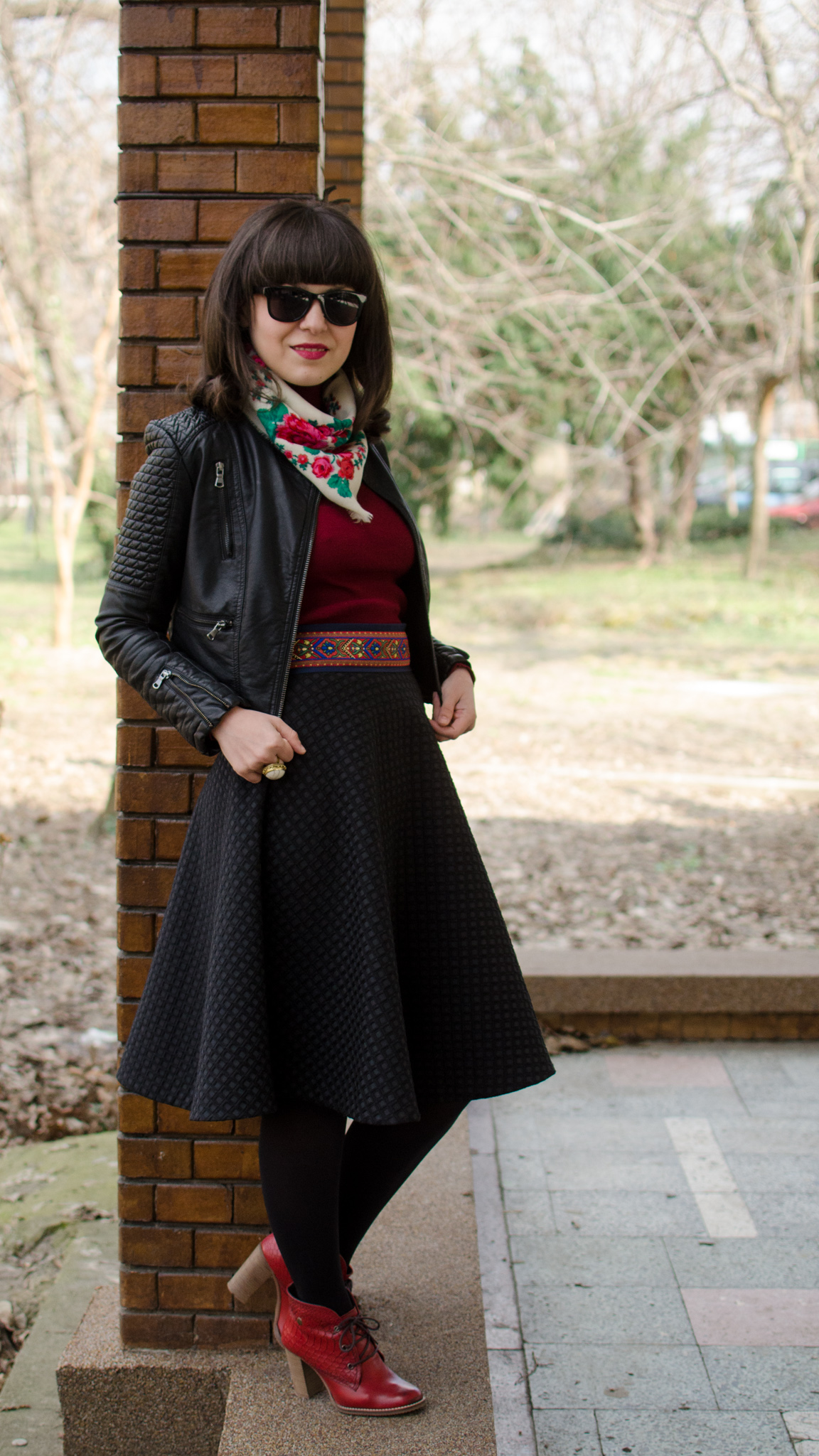 rock leather jacket ethnic romanian scarf burgundy turtleneck H&M full circle black skirt burgundy boots stone creek traditional romanian waistband spring bangs