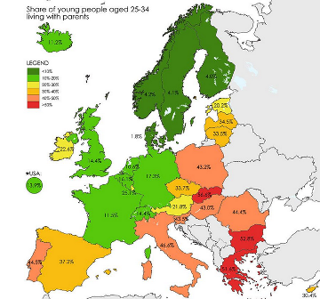 Mapa da quantidade de jovens entre os 25 e os 34 que ainda vivem com os pais