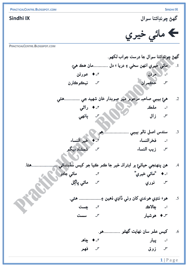 Maye Kheri-multiple-choice-questions-sindhi-notes-ix