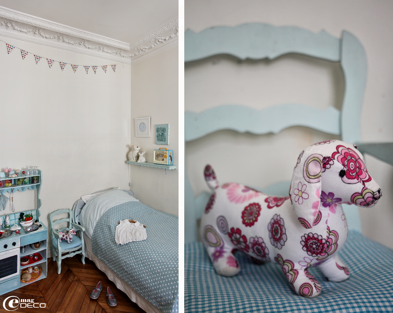 Anne Loiseau, créatrice styliste à Paris, aime décoré les chambres d'enfant avec beaucoup de ses créations en tissu, crochet, feutrine