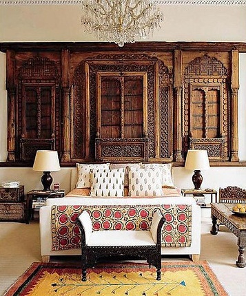 carved wood panel, white bed, exotic bed spread