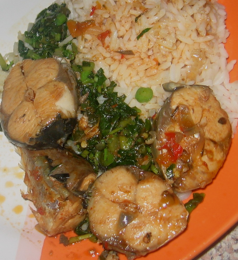 My Boiled Rice With Titus Peppered Fish Sauce, Fish and A side Of Green