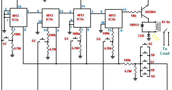 4 Switch Electronic Combination Lock |simple schematic diagram