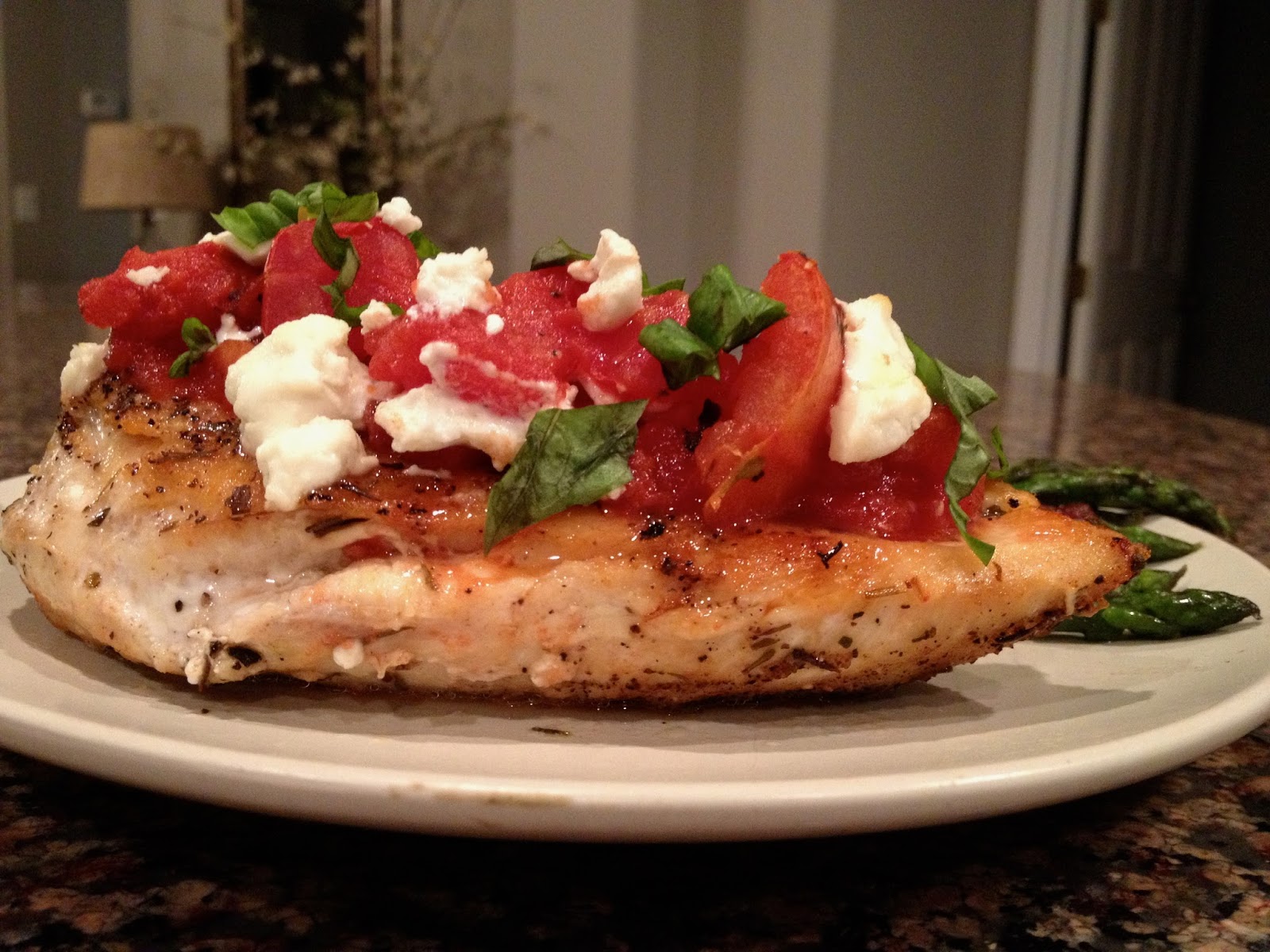 Chicken Smothered in Fire Roasted Tomatoes, Goat Cheese and Basil
