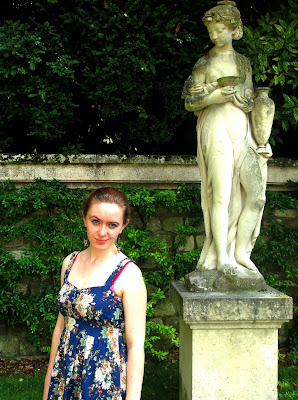 Parc de Bagatelle Paris floral dress wedges Statue Hebe