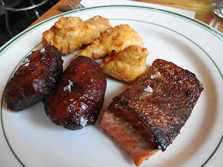 Clockwise from left: Pork Cheeks, Sweetbreads, Smoked Steelhead.