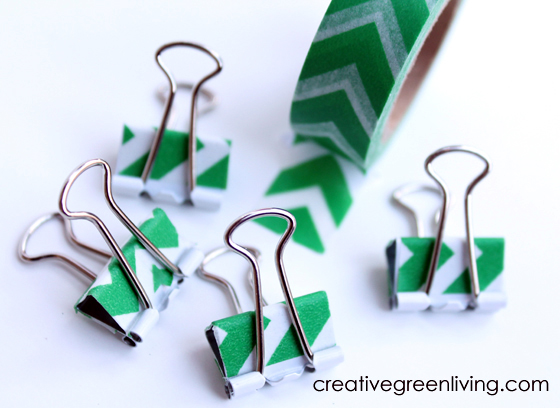 Washi+tape+covered+binder+clips+green+chevron