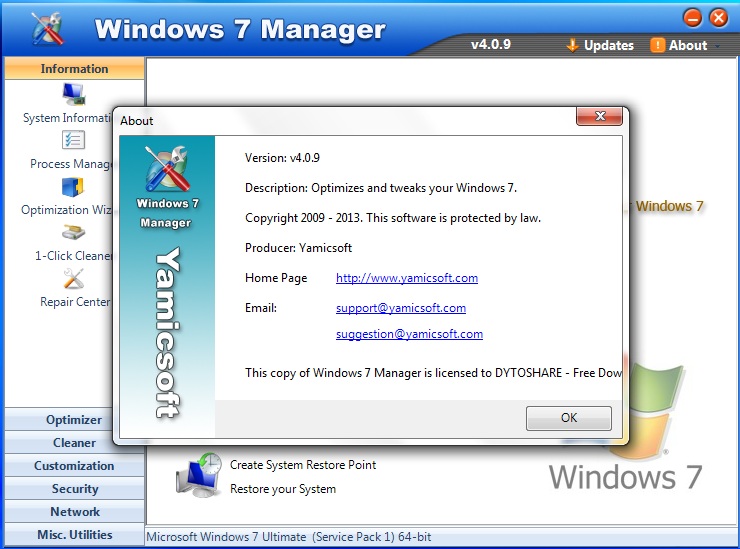 Yamicsoft Windows 7 Manager 3.0.1 serial key or number
