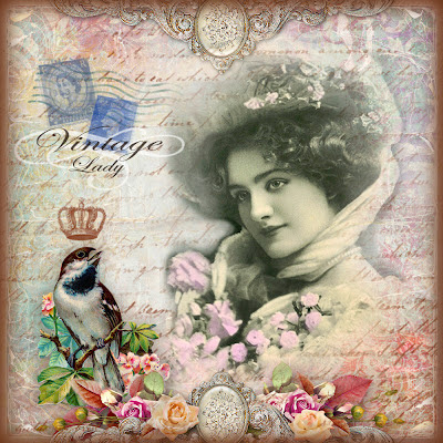 fondo victoriano con dama, rosas y pájaro