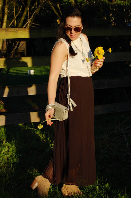 Topshop tank, Laura pleated maxi skirt, Coach Legacy crossbody and Zara studded suede boots
