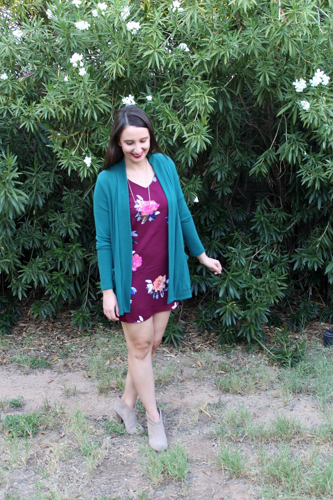 LunaVida Super Shifty Floral Dress + Boyfriend Cardigan + Ankle Boots