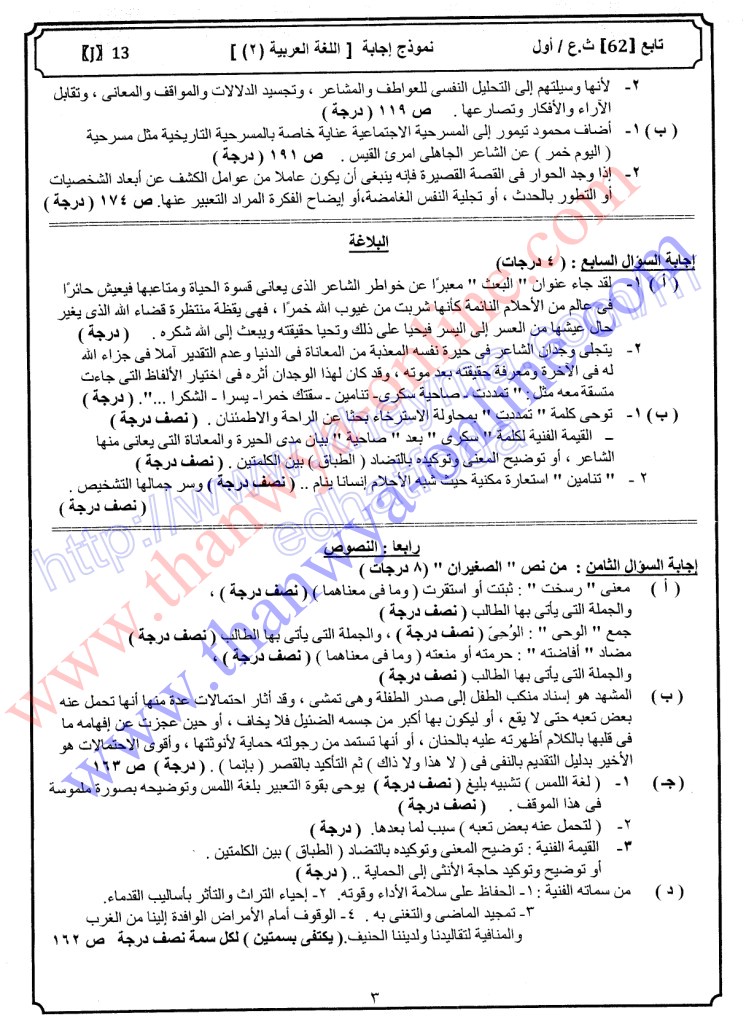 نموذج الوزارة الرسمي لاجابة اللغة العربية الثانوية العامة 2013  M+m+3