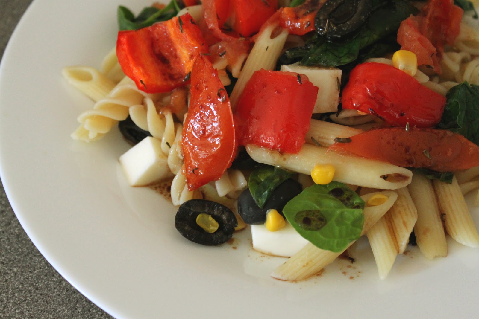 Italian pasta salad with roasted vegetables and balsamic dressing