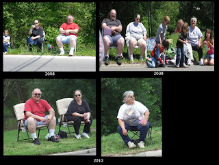 family that sits down by the river to watch the parade, chair, clothes