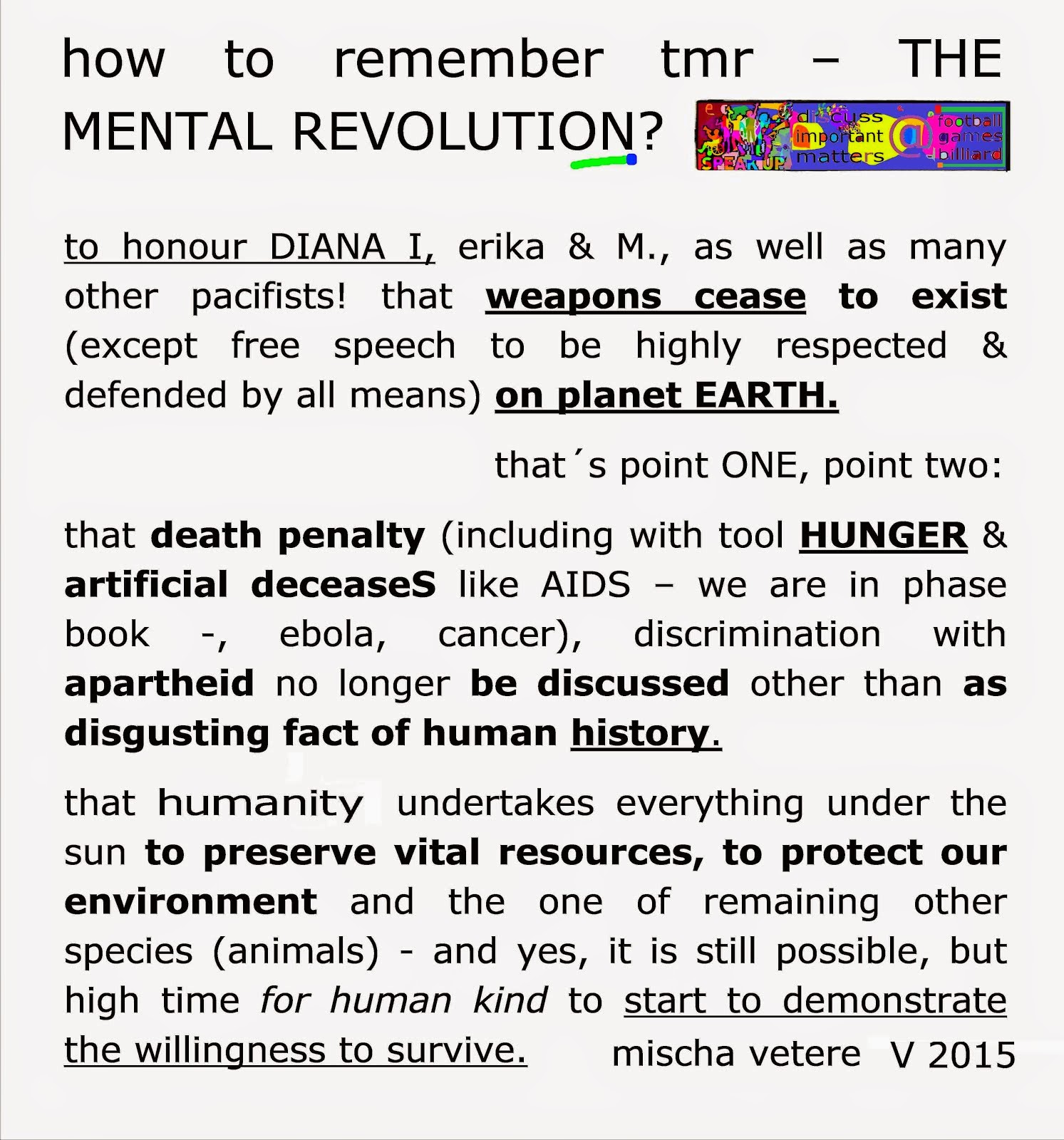 princess diana mines TMR THE MENTAL REVOLUTION mischa vetere HUNGER obama princes rainforest