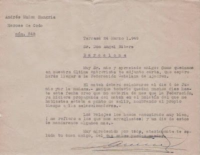 Carta de Andreu Muñoz en 1949