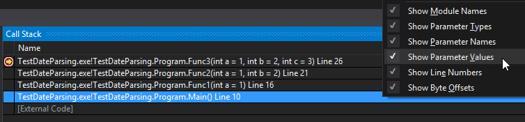 Show Parameter Values in Call Stack Window