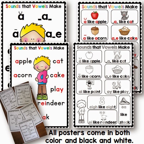 Long vowels and short vowel posters, charts, cards and desk strips. 