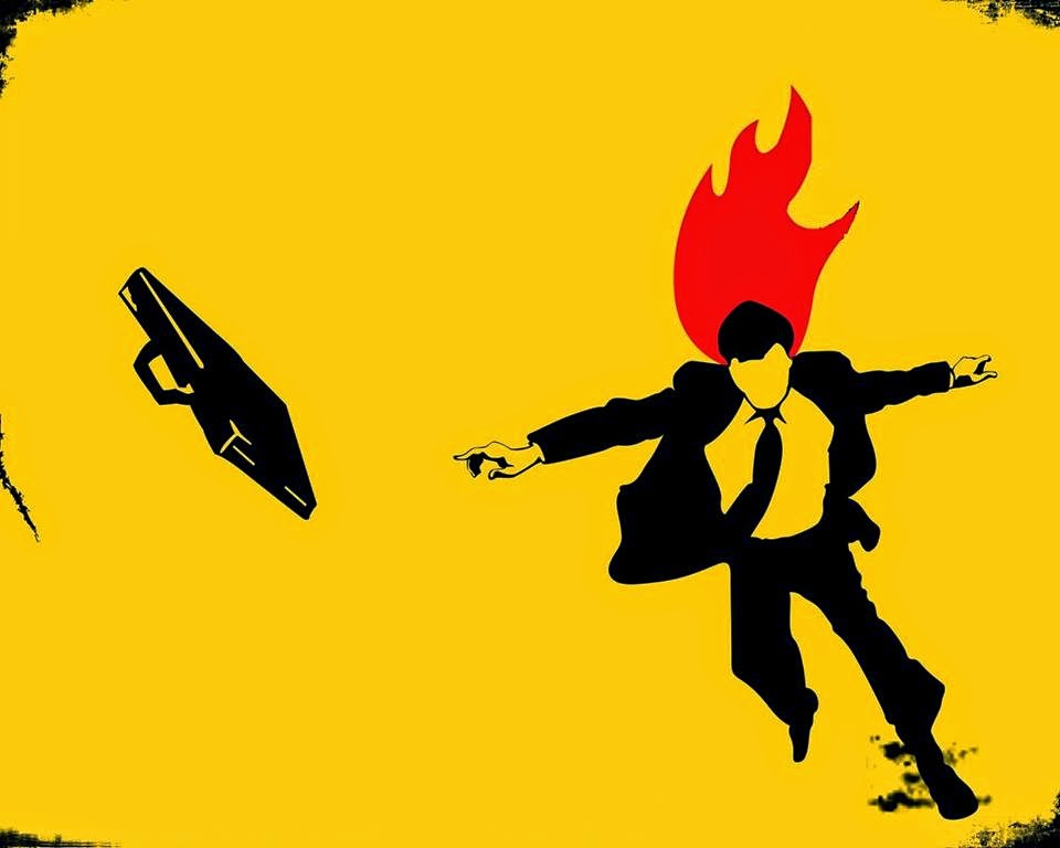 Affichette sur fond jaune : dessin d'un homme en veston-cravate, mais en feu et en panique. Sa valise est projetée au loin.