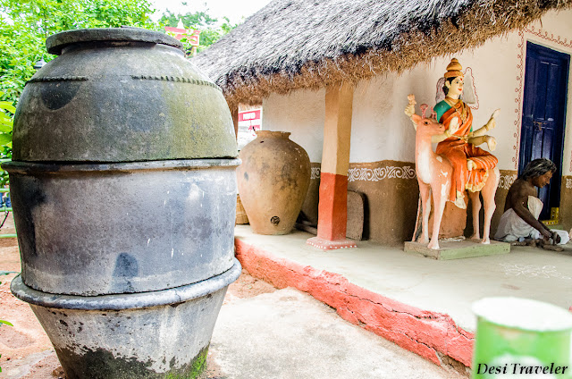 Clay urn Indian Village scene Shilparamam