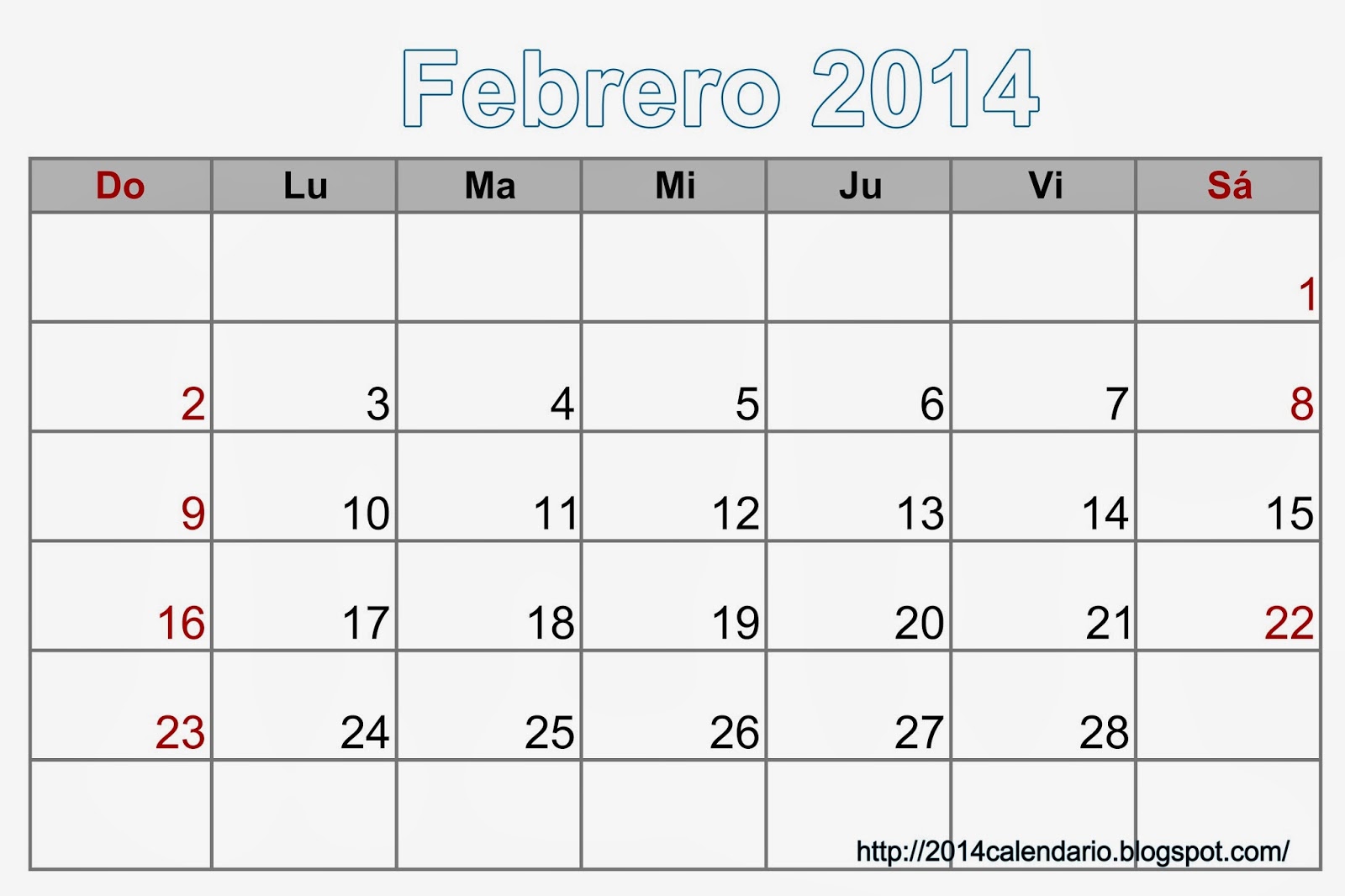 Calendario Febrero 2014 para Imprimir: Descarga Gratis Calendario Febrero 2014 para Imprimir: Descarga Gratis